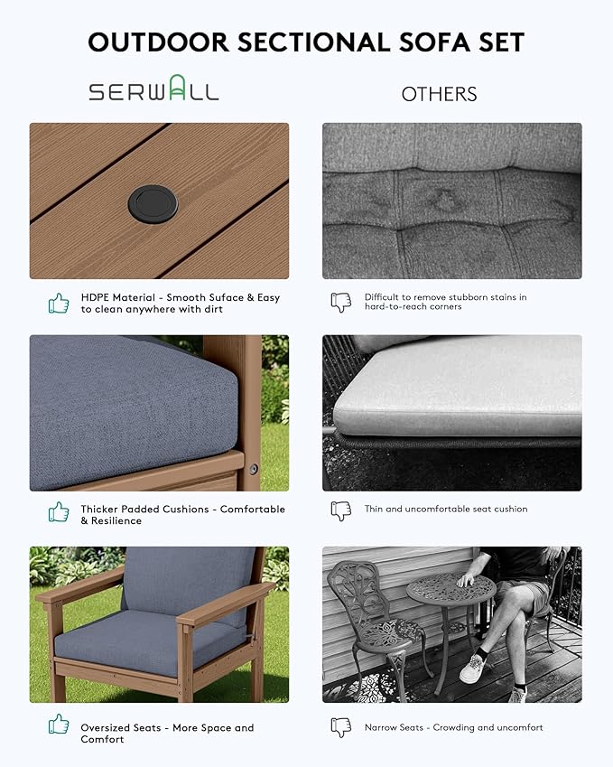 SERWALL HDPE Patio Conversation Set, 6-piece Sectional Outdoor Furniture Set, All Weather Outdoor Couch Set Patio Furniture Set for Deck, Lawn, Grey Frame with Grey Cushion