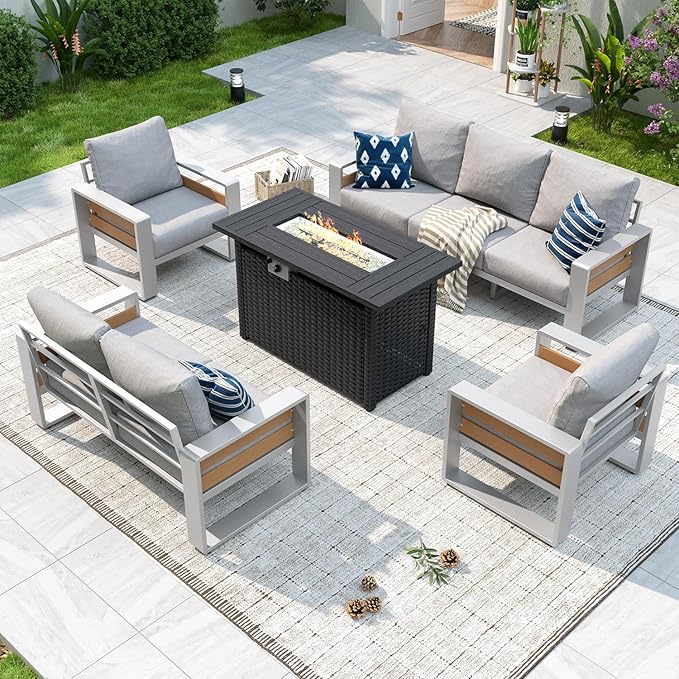 Aoxun Aluminum Patio Furniture Set with Fire Pit Table, 5 Piece Luxury Outdoor Sectional with 6" Olefin Fabric Cushions, Patio Conversation Sets with Waterproof Cover for Backyard, Porch Grey