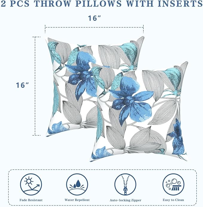 LVTXIII Outdoor Throw Pillows, Decorative Throw Pillows with Inserts, 16"x16" Square Pillows for Bed, Couch, Sofa and Patio Furniture, Set of 2, Clemens Noir Blue