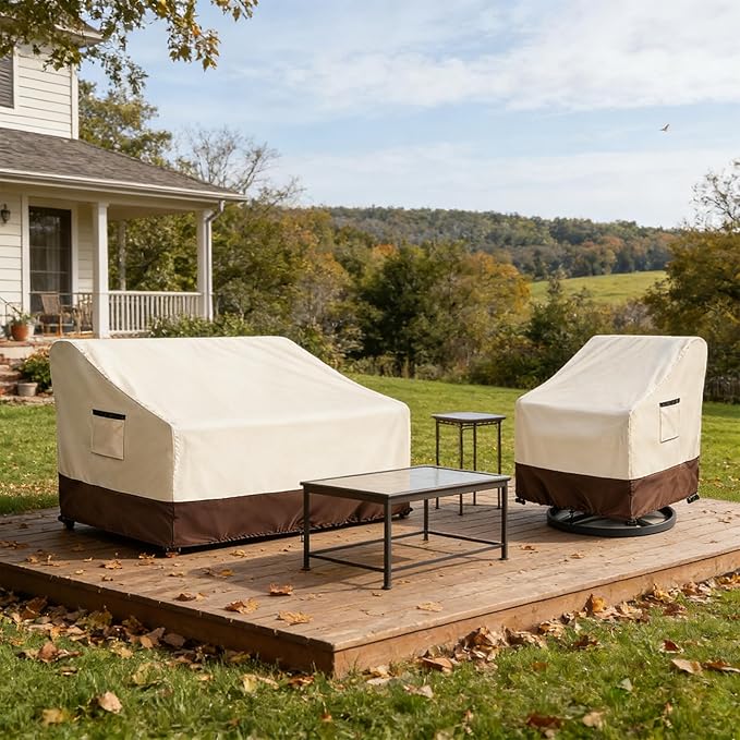 3-Seater Patio Sofa Cover, 600D Heavy Duty Waterproof Outdoor Sofa Covers, 85 W x 38 D x 35 H Inches Outdoor Couch Cover, Patio Furniture Covers, Lvory&Brown