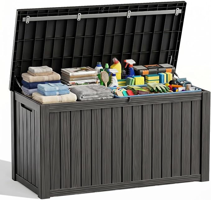 Waterproof Outdoor Storage Box Outside Deck Box Lockable Resin Bench UV Resistant Furniture Cushion Pool Tool Float Bin Patio Garden Porch (Black, 180 Gallon)