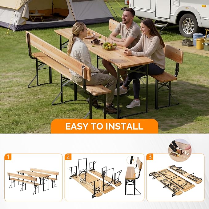 VINGLI 70 Inch Folding Picnic Tables and Chair Set with Backrest Bench, Weather-Resistant Wooden Beer Garden Table Bench, 3-Piece Portable Fold Up Camping BBQ Table,Natural Wood Color