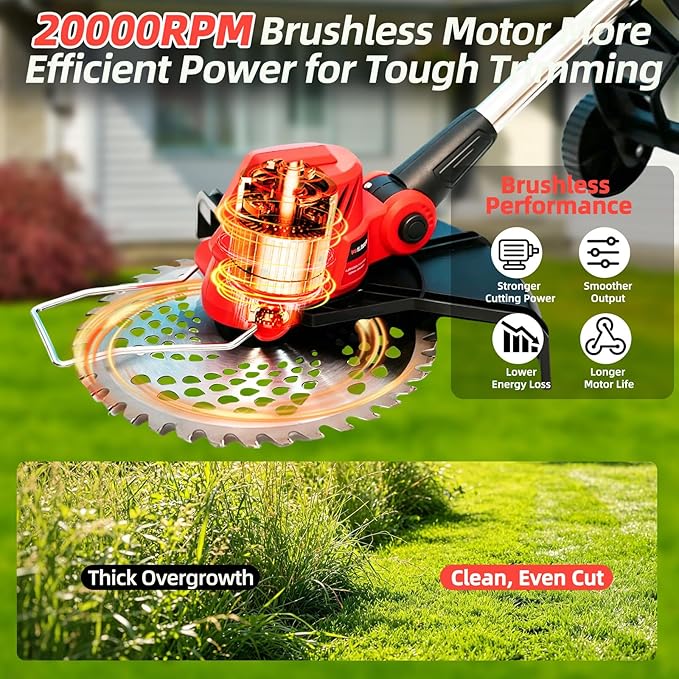 Electric Weed Wacker with Wheel, 3-in-1 Brushless Brush Cutter/String Trimmer/Grass Trimmer/Lawn Mower, 12" Cordless Weed Eater Battery Powered, 2 * 4000mAh Battery, 4 Blade and Charger