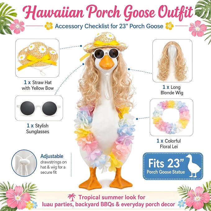 Funny 4Pcs Hawaiian Porch Goose Outfits Set, Colorful Floral Lei, Straw Hat with Bow, Sunglasses & Blonde Wig, Summer Lawn Goose Costume for 17"/23" Statue, Outdoor Patio Garden Decoration(Blonde)