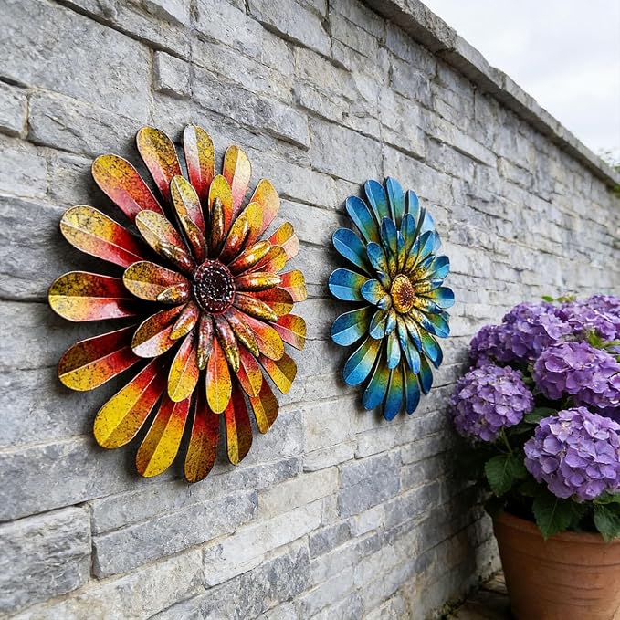 2 Pack Metal Flower Wall Decor, Hand-Painted Farmhouse Hanging Wall Art | 12 inch floral metal wall hanging with built-in hooks. Indoor & outdoor decor, garden farmhouse decoration.