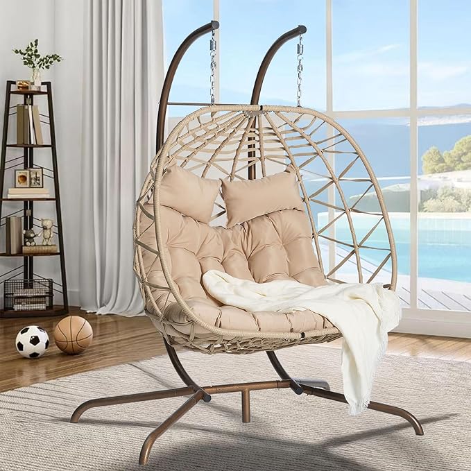Double Egg Chair with Stand Outdoor Hanging Egg Swing Chair,Wicker Rattan Egg Chair Indoor Loveseat Chair with Cushion 500 lbs Capacity for Bedroom Balcony Patio (Cream+Beige)
