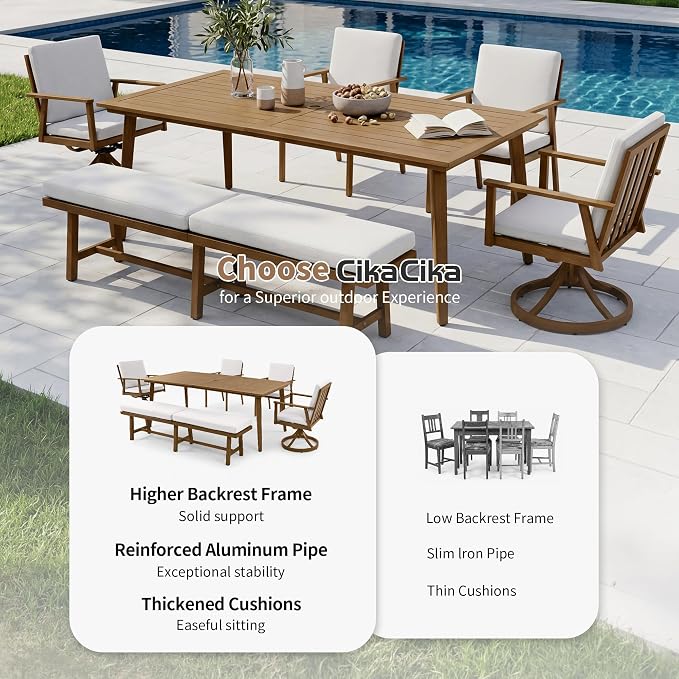 6-Piece Outdoor Table Set with Chairs & Bench, 8-Person Outdoor Rectangular Dining Table with Umbrella Hole, Faux Wood Grain Patio Table Set with Swivel Chair for Garden Backyard Proch, Teak