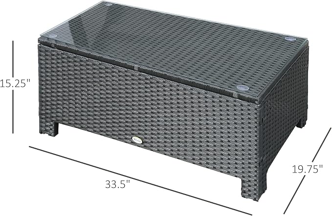 Outsunny Patio Furniture, Wicker Coffee Table, Hand-Woven PE Rattan Side Table with a Tempered Glass Top, 33.5" x 19.75", Black