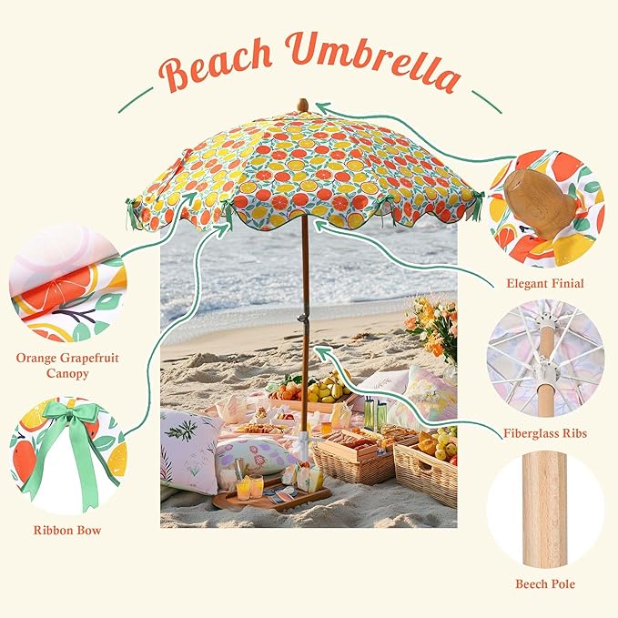 LAGarden Fringe Patio Umbrella with Carry Bag & Cover Vintage Wood for Event Outdoor Garden Yard Wedding Bistro Table