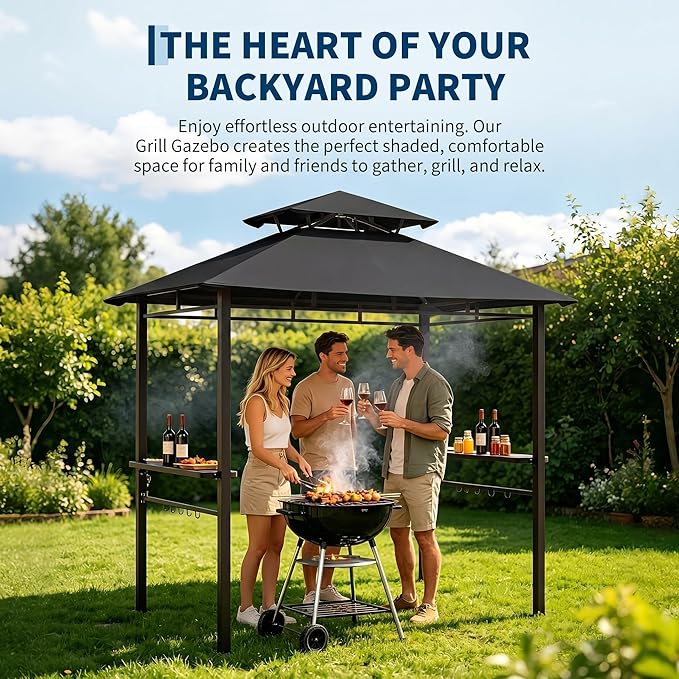 Garvee 8' x 5' Outdoor BBQ Grill Gazebo, Double-Tiered Vented Patio Canopy Tent with 2 Side Shelves for Cooking and Outdoor Entertaining
