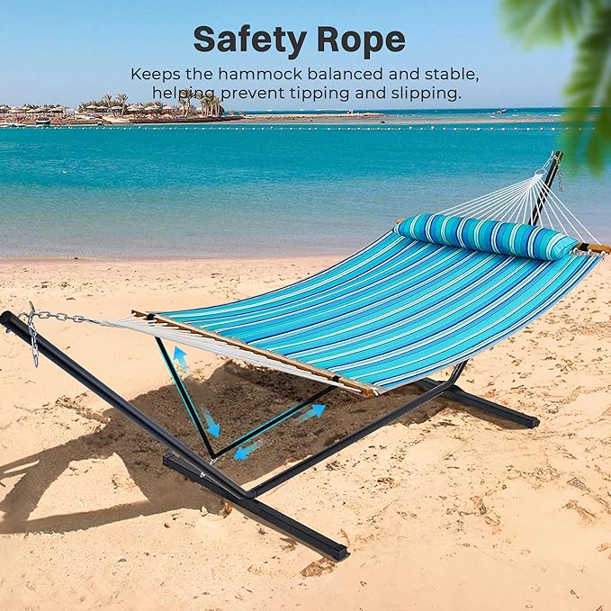SUPERJARE Hammock with Stand, 2 Person Quilted Outdoor Hammock, Detachable Pillow & Bamboo Spreaders, Portable Hammock with Carrying Bag, Heavy Duty Stand, Perfect for Outside, Patio, Aqua Blue