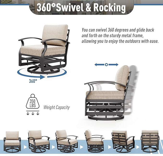 Kurapika Aluminum Patio Furniture Set 5-Seat Modern Outdoor Conversation Sets w/Swivel Rocking Chairs with Rectangular Coffee Table, Sand