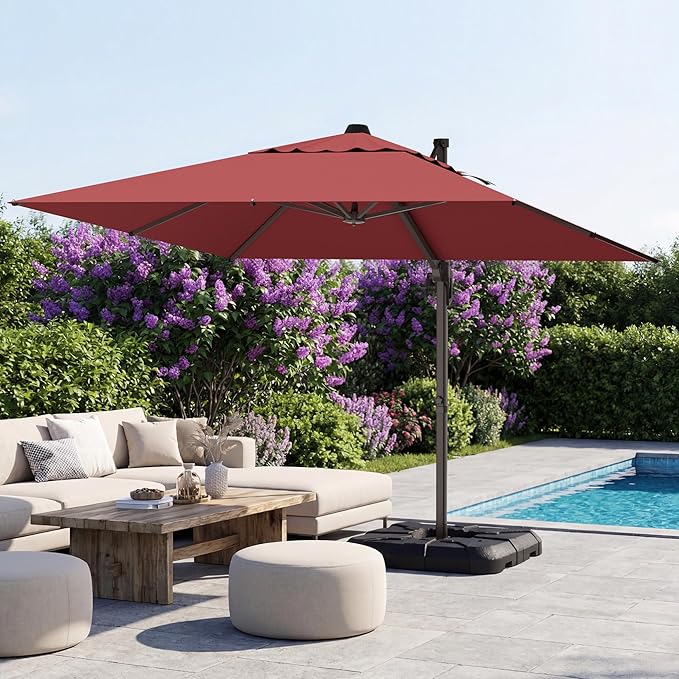 GENTEACO 10X10 FT Cantilever Umbrella, Large Offset Patio Umbrella with 6 Angle Tilts & 360° Rotation, Large Square Sun Umbrellas for Outdoor Patio Pool Deck Market, Red