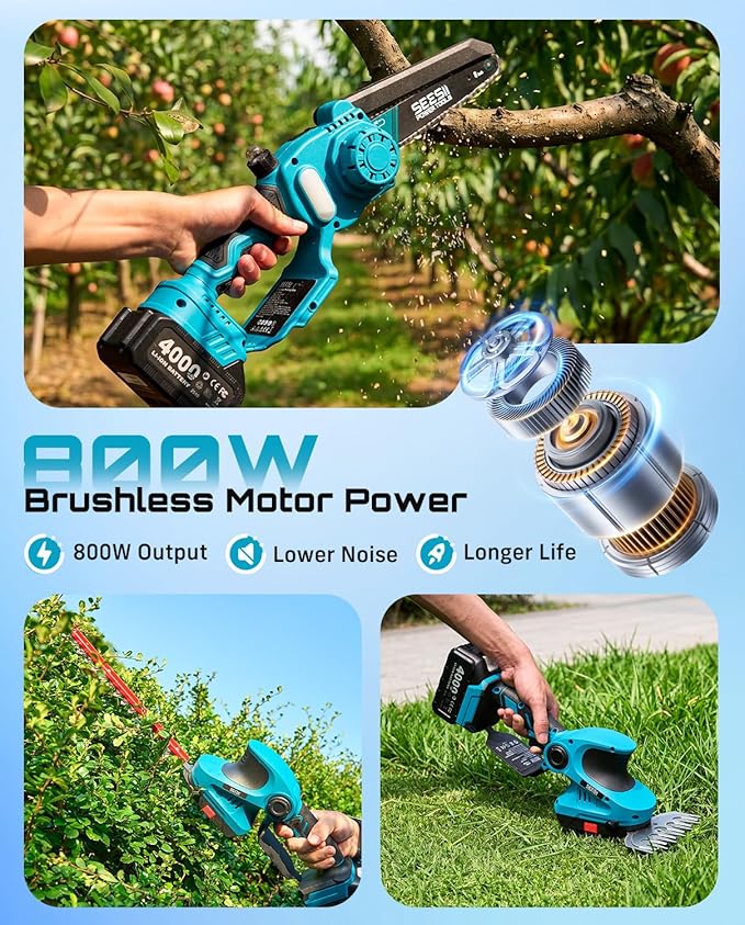 SEESII 3 in 1 Cordless Mini Chainsaw & Hedge Trimmer Combo, 8 Inch Battery Powered Chainsaw with Grass Shear, 800W Brushless Motor, 2x 4000mAh Batteries, Ergonomic Yard Garden Tool Set for Trimming