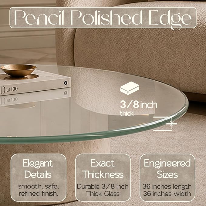 36-inch Round 3/8" Thick Pencil Polished Edge Glass Table Top with 6 Bumpers - Tempered, Scratch Resistant & Safety Replacement Glass Designed for Dining, Coffee, Patio & End Tables