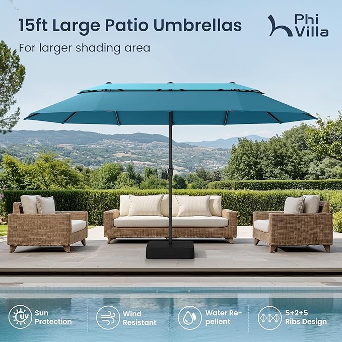 PHI VILLA 15ft Large Patio Umbrellas with Base Included, 2-Tier Outdoor Double-Sided Rectangle Market Umbrella with Stand, Outside Umbrellas for Poolside Lawn Backyard, Blue & Cerulean