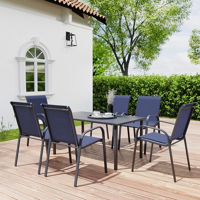 HAPPATIO Outdoor Patio Dining Set, 6 Quick Dry Textilene Dining Chairs and Dining Table with Umbrella Hole, Stackable Textilene Chairs for Garden, Patio and Poolside Backyard,Navy