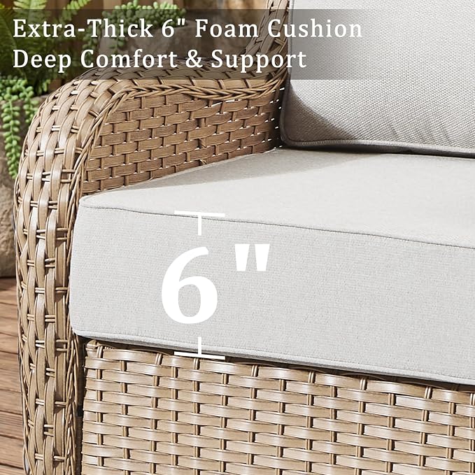 Luxury High Back Outdoor Furniture with 6-Inch Thick Cushions, Patio Furniture Set with Swivel Chairs, 5 PCS Wicker Conversation Set for Porch, Balcony, Deck and Yard