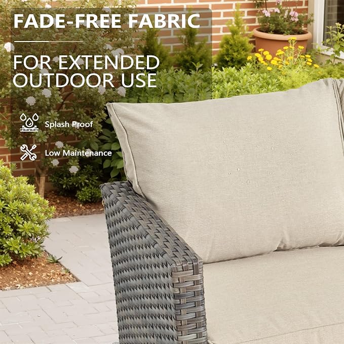 CAODOC 8-Piece Outdoor Wicker Patio Set with 9 Seats, Including 43" Fire Pit - Sectional Sofa and Conversation Set for Backyard or Lawn, Gray Rattan with Waterproof Beige Cushions