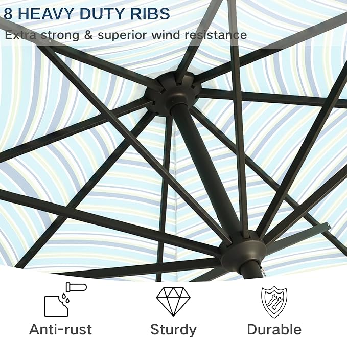 9' Solar LED Patio Umbrella with Tilt & Crank|8 Sturdy Ribs,UV Protection,Outdoor Market Table Umbrella for Deck,Lawn,Pool,Backyard (Blue Green Stripes)