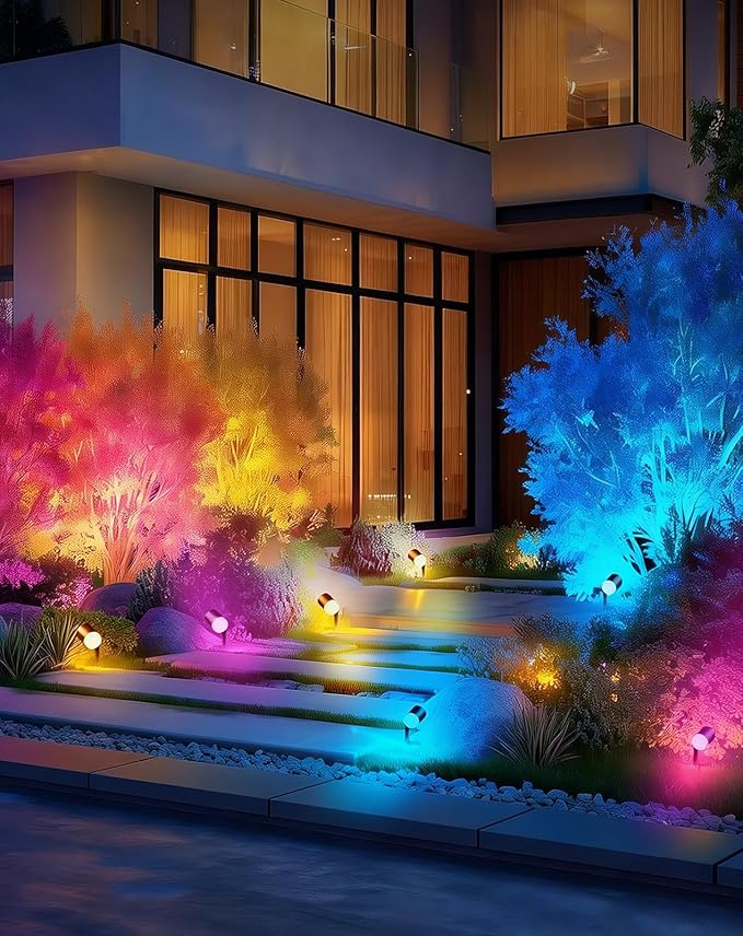 GZBtech Waterproof Landscape Spotlights, 24V RGB+IC+CCT Color Changing Outdoor Pathway Lighting, App&Remote Control Work with Alexa, Aluminum Dimmable LED Spot Light for Garden Yard Decor, 2 Pack