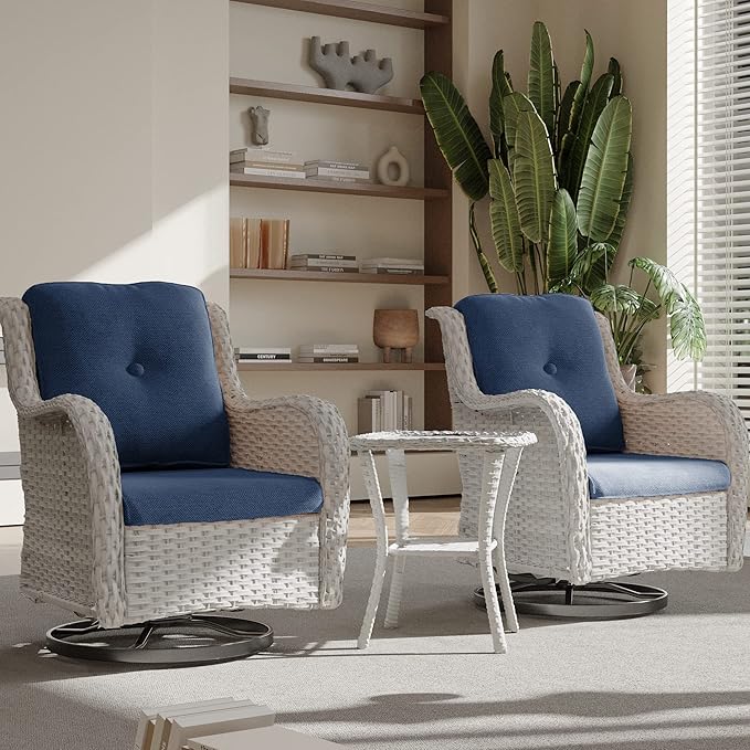 Joyside Outdoor Rocker Swivel Patio Chairs Set of 4 with 2 Matching Side Tables - 6 Pieces Patio Wicker Conversation Set with Premium & Soft Fabric Cushions(Light Grey/Blue)