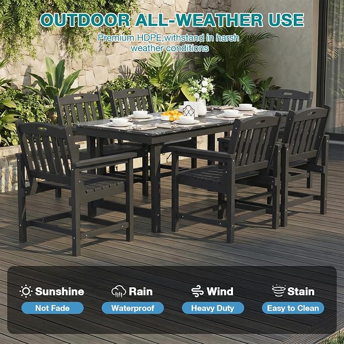 Mdeam 7-Piece HIPS Outdoor Dining Set, 66.9" Marble Texture Patio Table with Umbrella Hole, 440LBS Capacity, 6 Wider Chairs,Dining Table Set for 6, Outdoor Furniture with Galvanized Steel Frame, Black