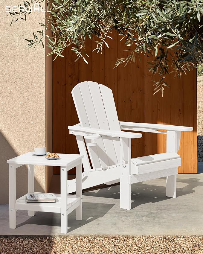 SERWALL 2-Tier HDPE Outdoor Side Table with Umbrella Hole, Weatherproof Rectangular Adirondack Side Table, White