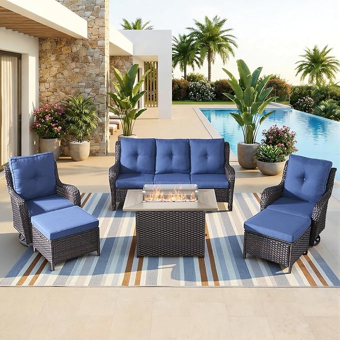 Patio Furniture Set with 41" Fire Pit Table - High Back Patio Conversation Set with 4 Inch Thick Cushions and Deep Seating Swivel Glider Chairs & Outdoor Couch for Porch Deck Yard Pool Brown
