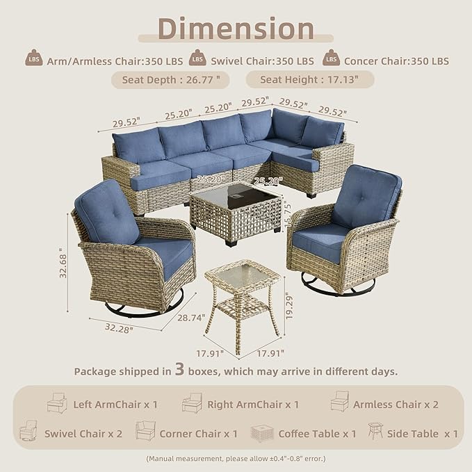 9 Piece Patio Furniture All Weather 7-Seater Outdoor Sectional Sofa with Patio Swivel Chairs and Solar Powered Coffee Table for Porch,Garden,Backyard,Deck(Light Blue)