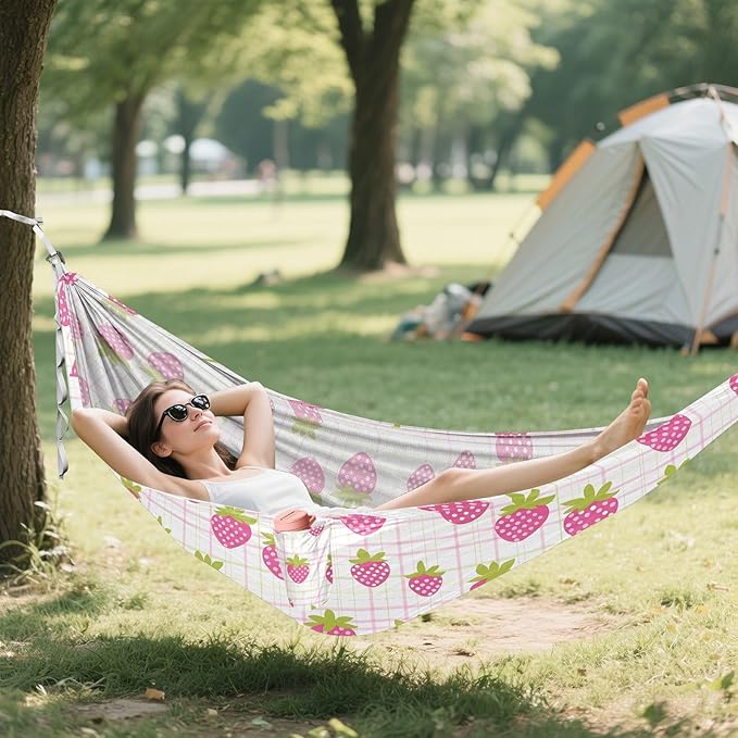 Camping Hammock Outdoor Hammocks for Outside Strawberries Lattice Beach Trees Portable Lightweight with Pockets Tree Straps Indoor Small
