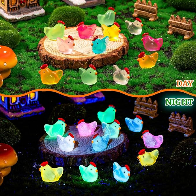 128PCS Luminous Mini Resin Chickens Tiny Chickens for Micro Garden | Miniature Chickens Animals Figurines Glow in The Dark, Micro Landscape DIY, Home Outdoor Party Decor