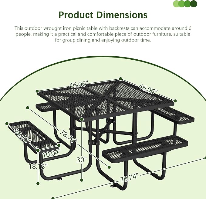 46'' Heavy Duty Outdoor Picnic Table - Commercial Grade Square Steel Picnic Table Set, Umbrella Hole, Rust-Resistant Metal Mesh Tabletop for Patio, Garden, Park, BBQ - Black