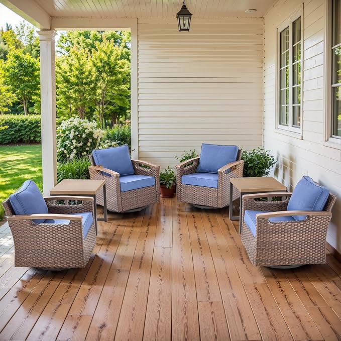 Luxury 4 Outdoor Swivel Rocker Patio Chairs with 2 Metal Side Table - Heavy Duty 6 Piece Patio Furniture Set All Weather Wicker Glider Set with Thick Cushion for Porch Poolside Deck - Blue