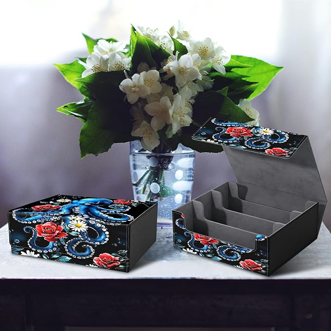 Large Card Deck Box for MTG, Fits 1200+ Sleeved Cards, PU Leather Storage Case with Strong Magnetic Closure, Multiple Colors Available for TCG CCG Baseball Card Collections, Rose Octopus
