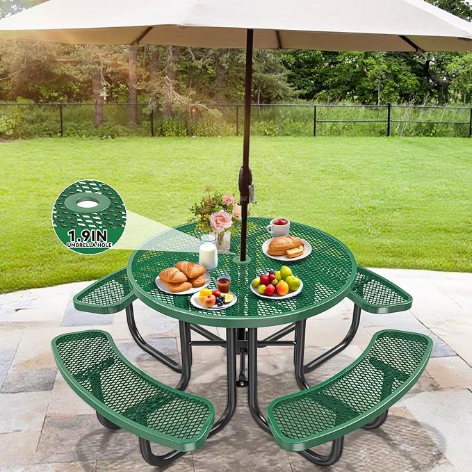 Ceridwen Heavy Duty Picnic Table with 4 Benches, Expanded Metal Steel Mesh Outdoor Patio Dining Table Bench Set with Umbrella Hole,Outdoor Patio Dining Table for Garden (Round, Green, 46FT)