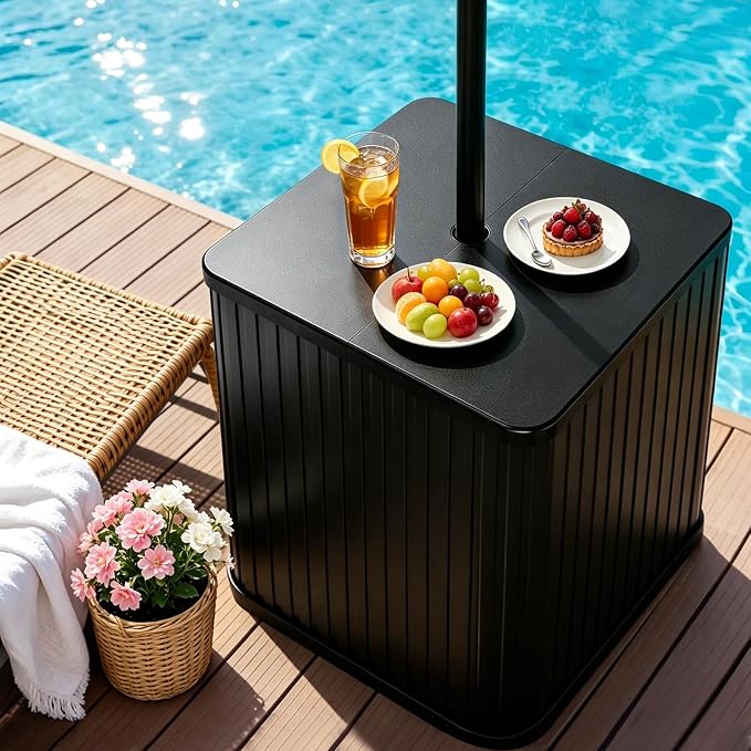 Umbrella Side Table with 1.5-1.6" Umbrella Hole, 132lbs Heavy Duty Fillable Umbrella Base Stand Table, 2-in-1 Modern Outdoor Patio Side Table for Yard Porch Poolside Deck Balcony Backyard Lawn