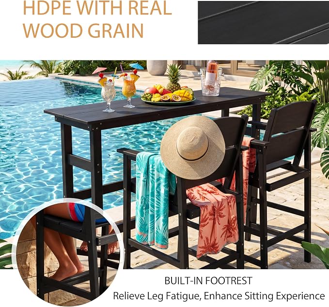 6 Pack Outdoor Bar Stools, HDPE Plastic Patio Bar Chairs with Armrests & Footrest, Weather Resistant All-Weather Counter Height Chairs for Outdoor Deck, Backyard, Poolside,Black