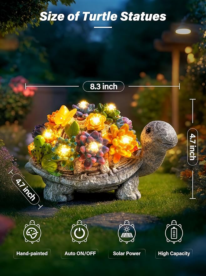 Guhope Solar Garden Statues, Outdoor Solar Turtle Decor with Succulent and 8 LED Lights, Outside Yard Figurine Decor for Garden, Lawn, Patio, Balcony, Porch, Unique Gifts for Mom Grandma