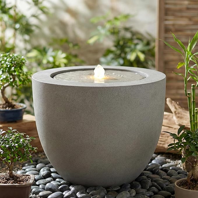 Sunnydaze Outdoor Water Fountain with LED Light - Polystone Oval Bowl Bubbler Water Feature with Pump - 12" H - for Patio, Garden, Deck, Relaxation and Stress Relief - Gray