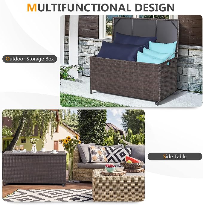 50 Gallon Deck Box, PE Wicker Storage Box with Lid, Water-resistant Liner & Universal Wheels, Outdoor Storage Container for Pillows, Cushions, Garden Tools (Mix Brown)