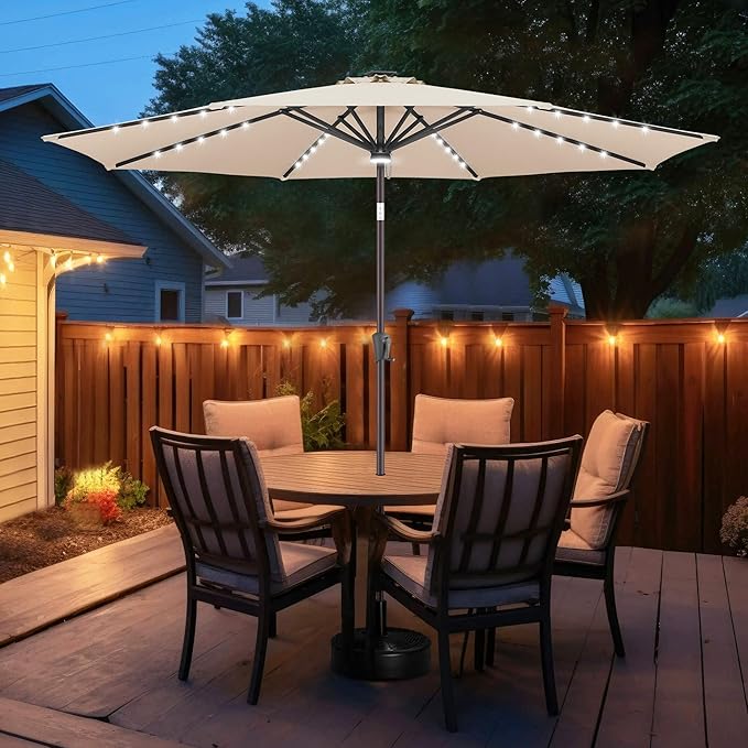 FLAME&SHADE 11 FT Solar Light Patio Umbrella, 40 LED lights outdoor umbrella with Centre Surround Light, Table Market Umbrella for Deck, Pool, Porch, Backyard, Garden, UV Protection, Beige