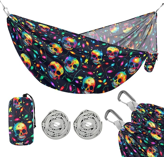 Camping Hammock Outdoor Hammocks for Outside Neon Skulls Beach Trees Portable Lightweight with Pockets Tree Straps Indoor