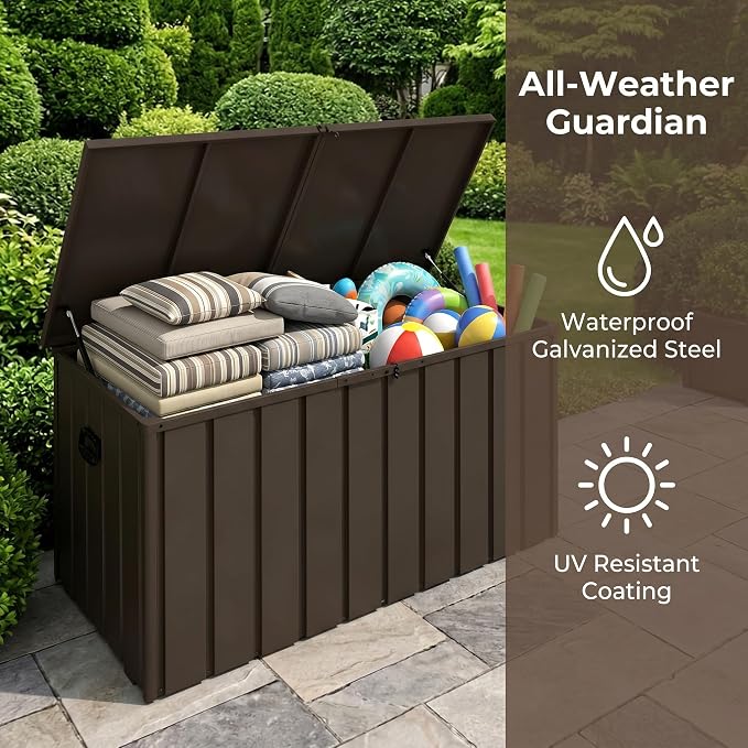 200 Gallon Outdoor Metal Storage Deck Box, Rolling Lockable Utility Bin, Waterproof UV Protected Large Storage Chest for Patio Garden Backyard Yard,Brown