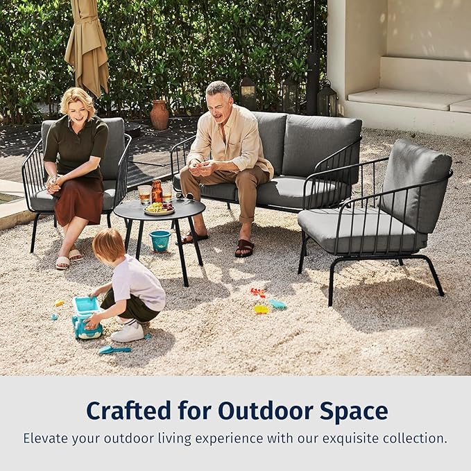 East Oak 4-Piece Plaza Patio Furniture Set, Outdoor Furniture for Balcony, Poolside, and Yard, with Thick Cushion Sofa and Coffee Table, Modern Patio Conversation Set, Black & Grey
