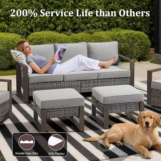 8-Piece Outdoor Patio Furniture Set with 4 Swivel Chairs, All-Weather Wicker Sofa Set for Garden, Yard, Porch and Poolside Seating, Grey/Grey