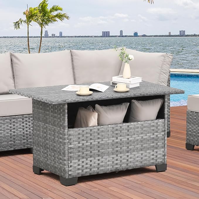 WAROOM Outdoor PE Wicker Coffee Table - Patio Rattan Garden Furniture Multi-Functional Storage Tea Dining Table, Grey