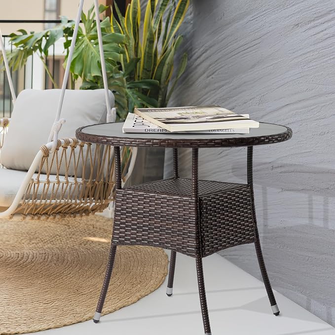31.7" Round Patio Side Table,Small Outdoor Wicker End Tables,All-Weather Rattan Coffee Table,Bistro Dining Tables,with Glass Tabletop,for Lawn Garden Backyard Deck Porch Poolside Balcony (Brown)