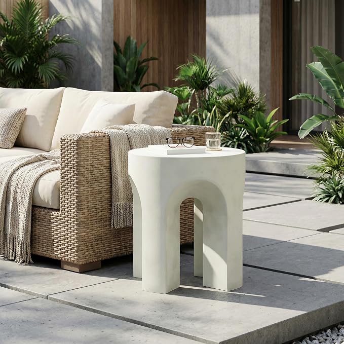 Outdoor Side Table Concrete End Tables Small Stone Bench Patio Garden Stool Plant Stand for Backyard Balcony,Weather Resistant, MgO,Antique White