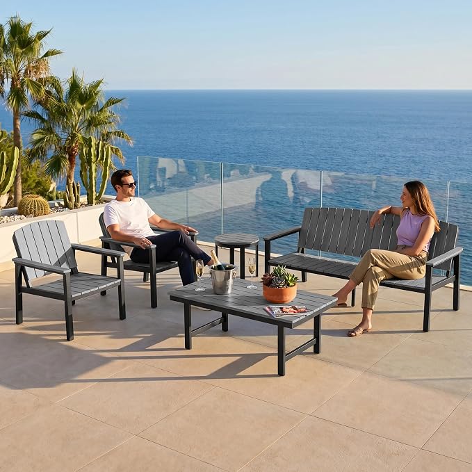 Aluminum Patio Furniture Set, Outdoor Furniture Set 4 Pieces Aluminum Frame HDPS Faux Wood, All Weather Conversation Set for Backyard, Garden, Poolside Grey